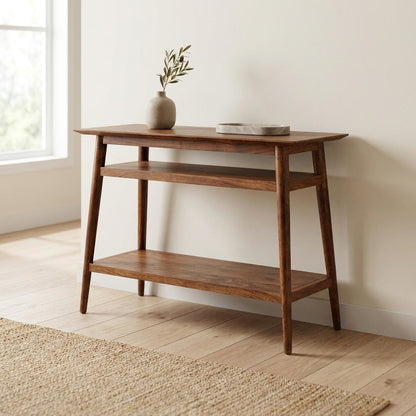 Solid Acacia Wood Console Table with Mid-Century Modern Style for Entryway