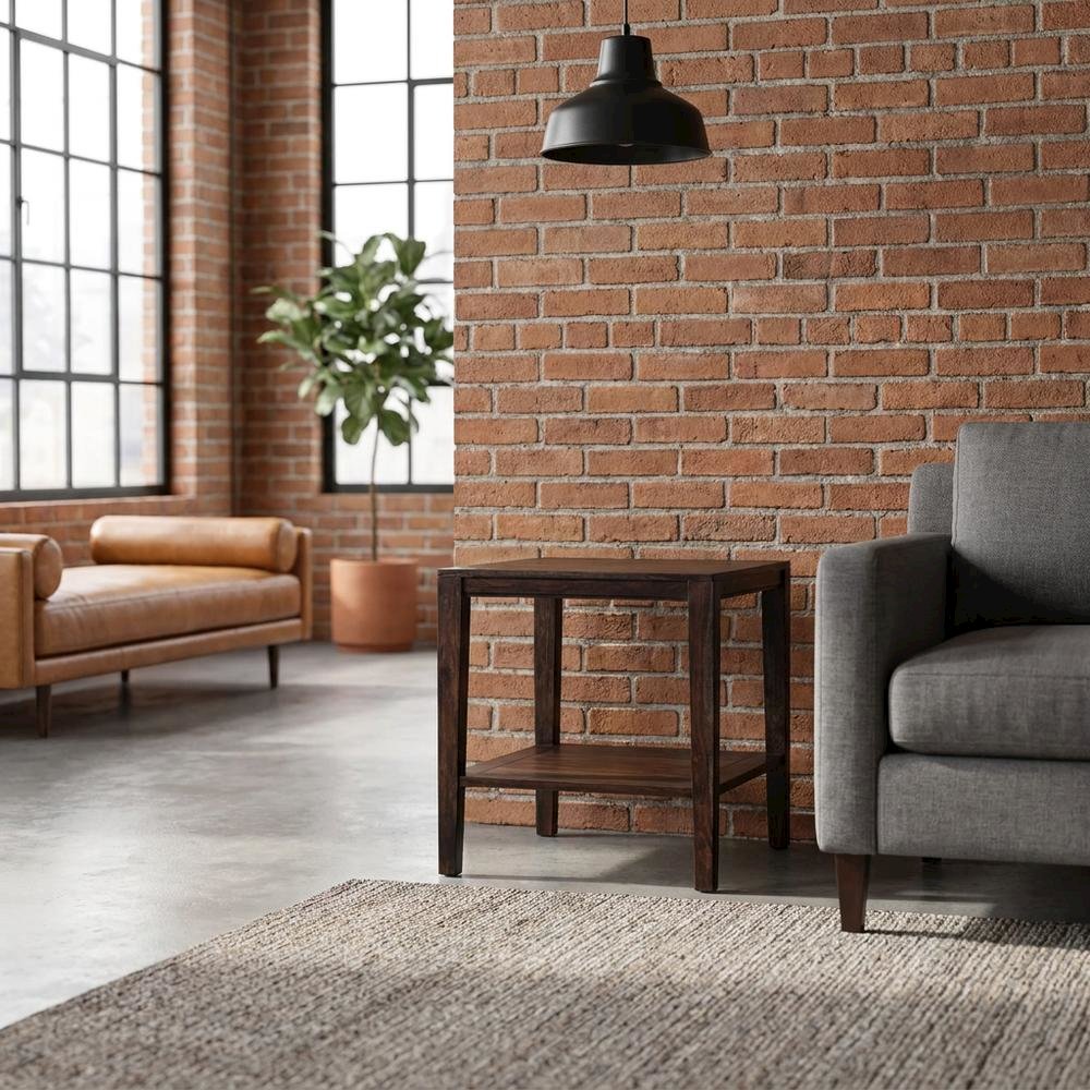 Solid Sheesham Wood End Table with Industrial-Style Open Shelf for Living Room