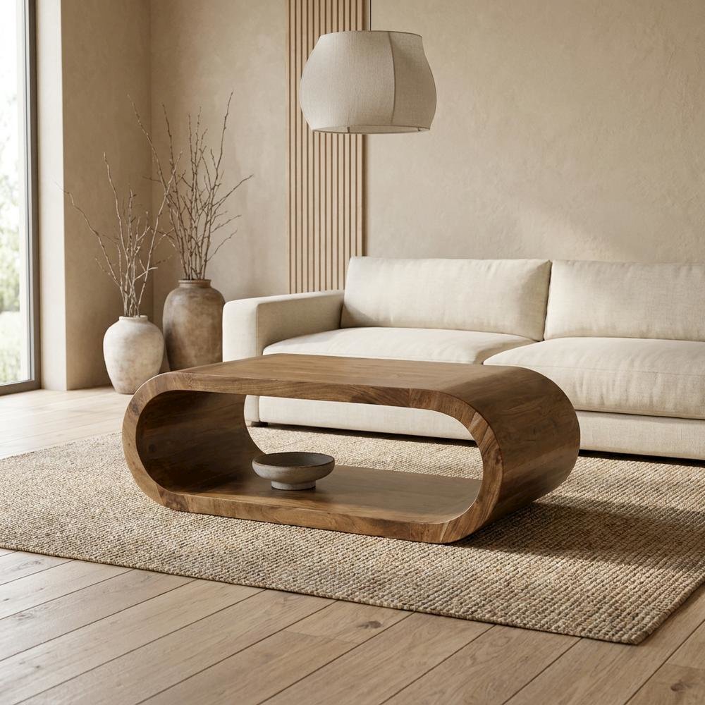 Solid Acacia Wood Coffee Table with Ellipse Top, Mid-Century Modern Style