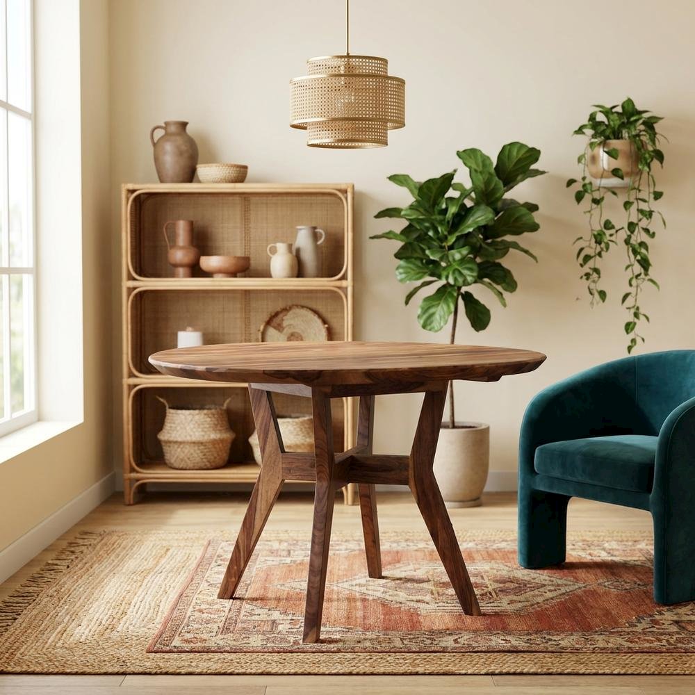 Urban Solid Sheesham Wood Dining Table, Mid-Century Modern Style for Dining Room