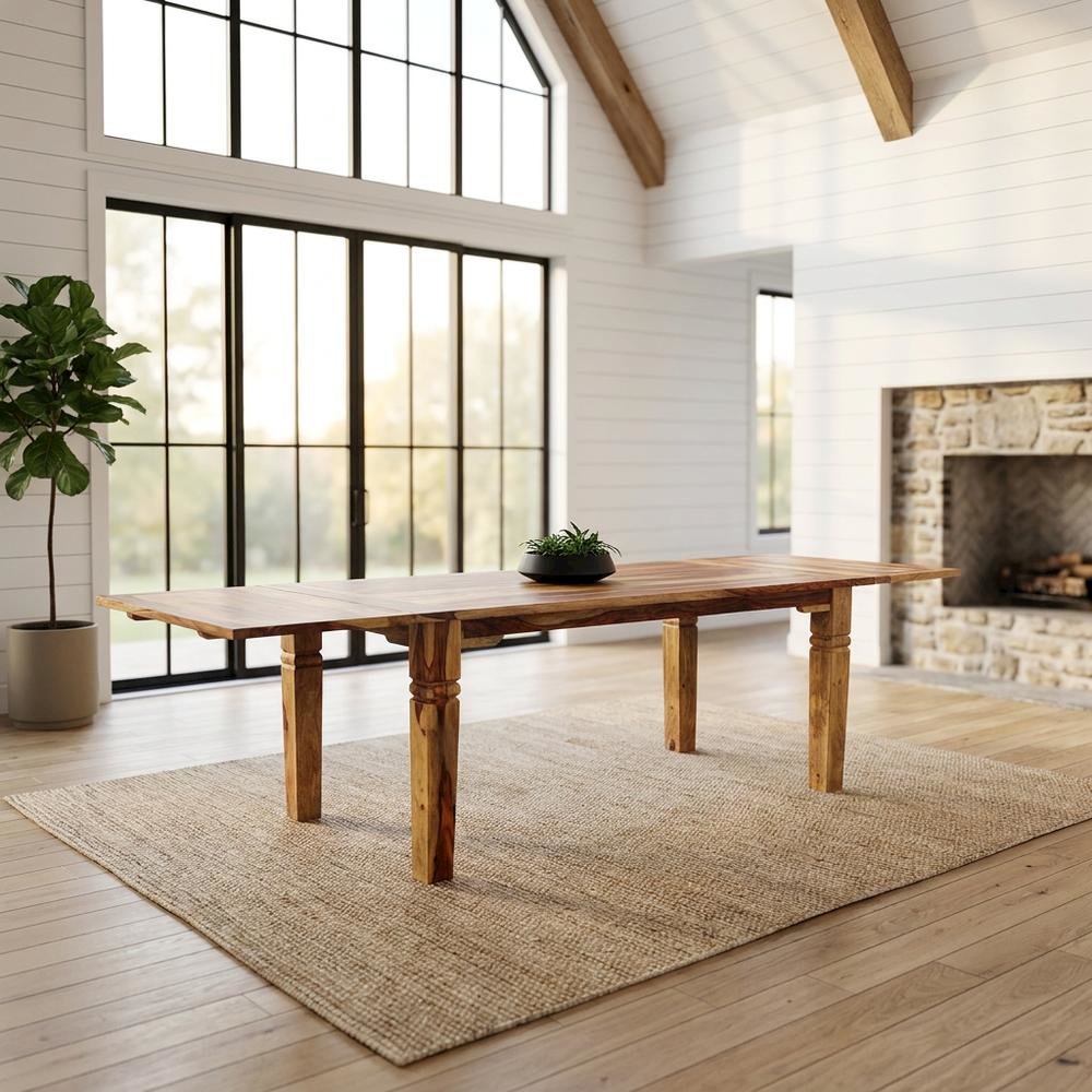 Solid Sheesham Wood Extendable Dining Table with Expandable Leaf for Dining Room