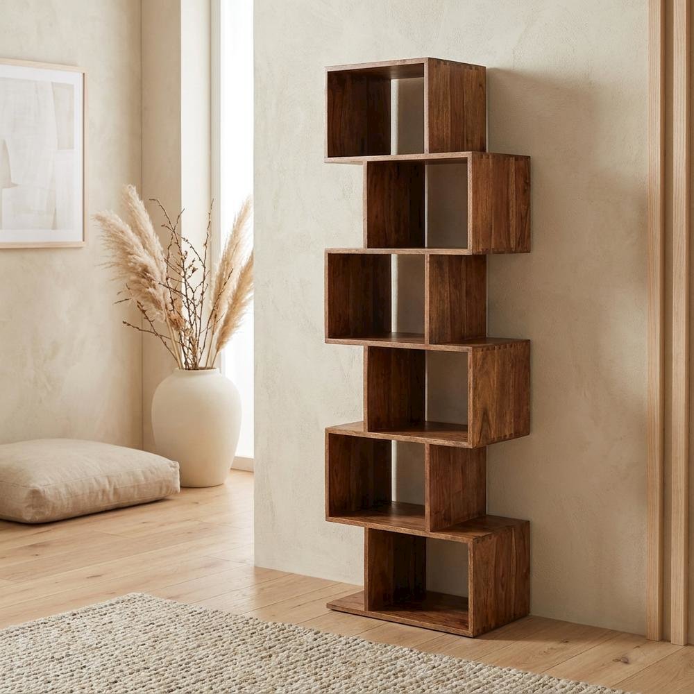 Solid Acacia Wood Bookcase with Open Shelving for Living Room Storage