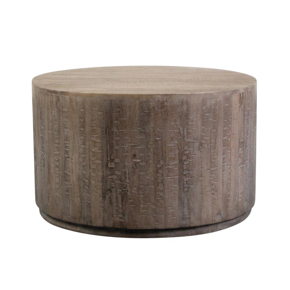 Mango Wood Round Coffee Table with Drum Base for Living Room