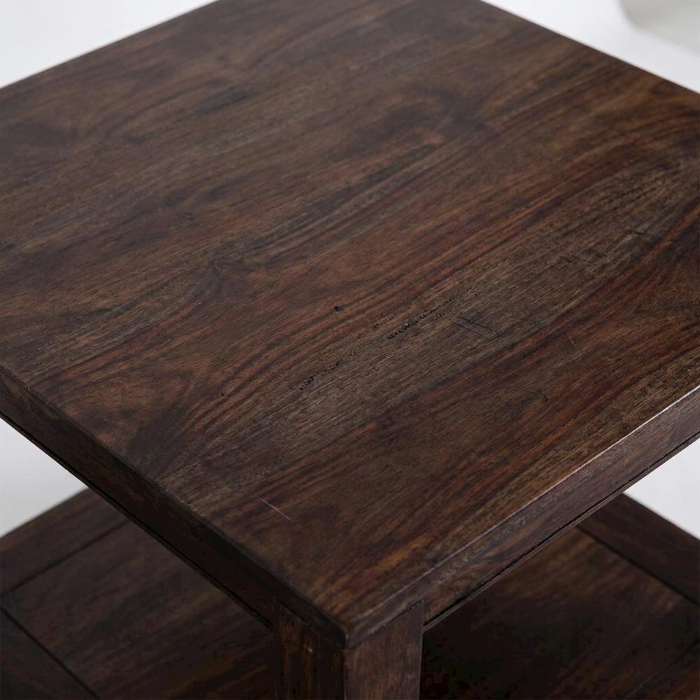 Solid Sheesham Wood End Table with Industrial-Style Open Shelf for Living Room