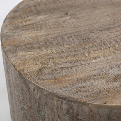 Mango Wood Round Coffee Table with Drum Base for Living Room