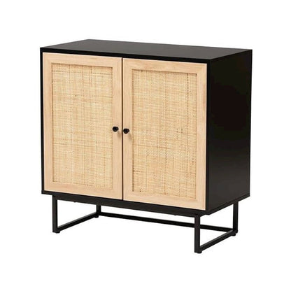 Wood And Rattan 2-Door Storage Cabinet With Mid-Century Style