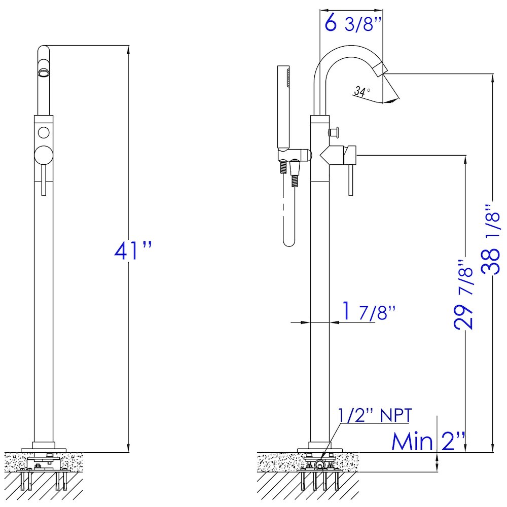 Brushed Nickel Single Lever Floor Mounted Tub Filler Mixer,Hand Held Shower Head