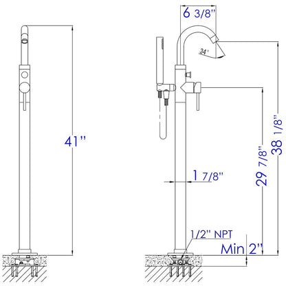 Brushed Nickel Single Lever Floor Mounted Tub Filler Mixer,Hand Held Shower Head
