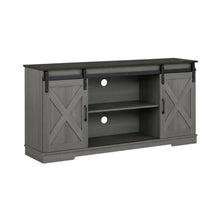 Grey farmhouse TV stand for 56-inch screens in engineered wood construction