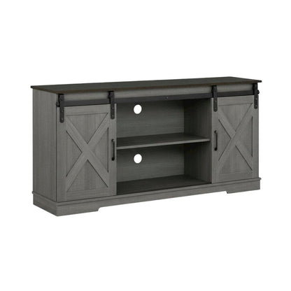 Grey farmhouse TV stand for 56-inch screens in engineered wood construction