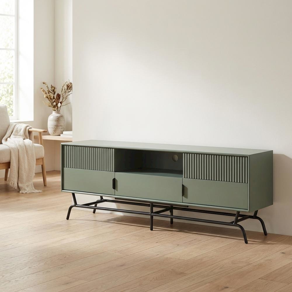 Sage Green and Black Wooden TV Stand with Multi-Storage Compartments