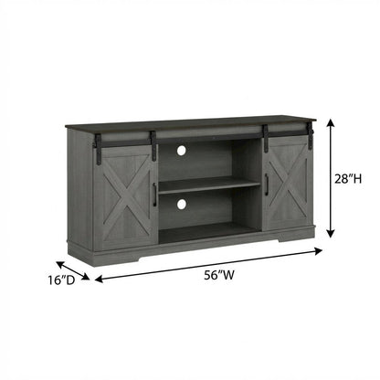 Grey farmhouse TV stand for 56-inch screens in engineered wood construction