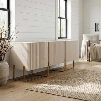 Beige Modern Wood TV Stand with 3 Cabinets for Living Room Storage