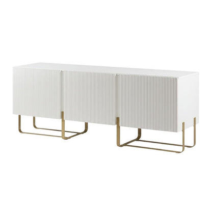 White Modern Wood TV Stand with 3 Cabinets for Living Room Storage