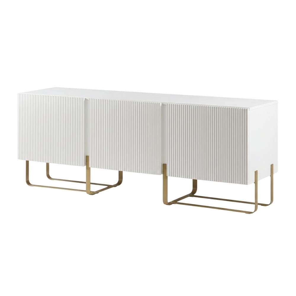White Modern Wood TV Stand with 3 Cabinets for Living Room Storage