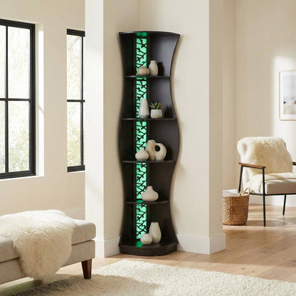 Contemporary 5-Shelf Corner Bookcase with Built-in LED Light