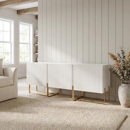 White Modern Wood TV Stand with 3 Cabinets for Living Room Storage