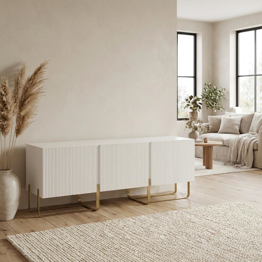 White Modern Wood TV Stand with 3 Cabinets for Living Room Storage