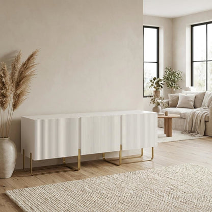 White Modern Wood TV Stand with 3 Cabinets for Living Room Storage