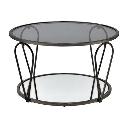 Gray Metal 1-Shelf Coffee Table with Tempered Glass and Mirror Accents
