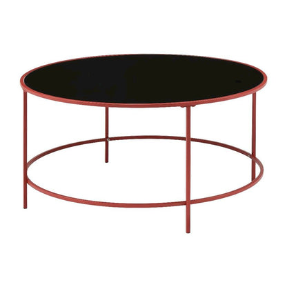 Red Round Coffee Table, Tempered Glass Top and Steel Frame, Single Piece Design