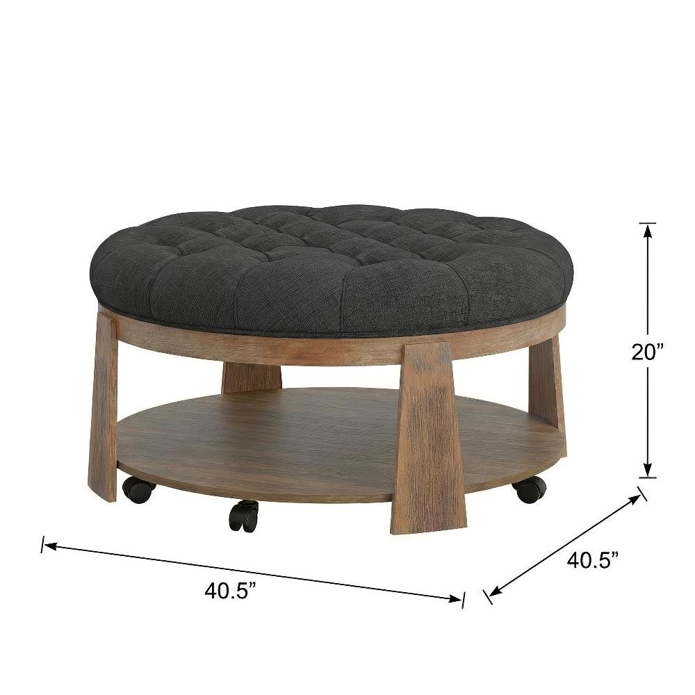 Gray Wood Round Coffee Table with Linen-Like Surface and Solid Wood Base