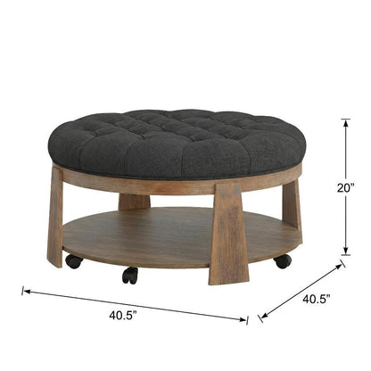 Gray Wood Round Coffee Table with Linen-Like Surface and Solid Wood Base