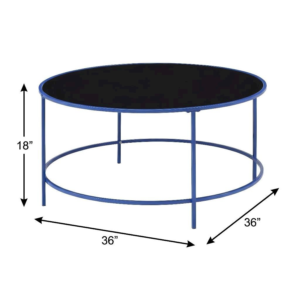Blue Round Coffee Table with Tempered Glass Top and Steel Frame, Single Piece