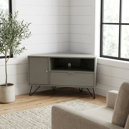 Modern Gray Wood Corner TV Stand with Multi-Storage Compartments