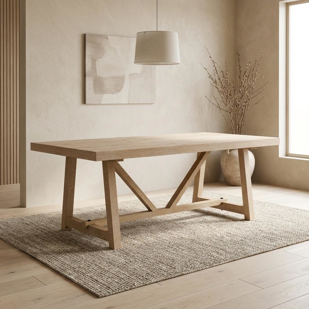 Natural Oak Solid Wood Dining Table, Contemporary, Seats 6