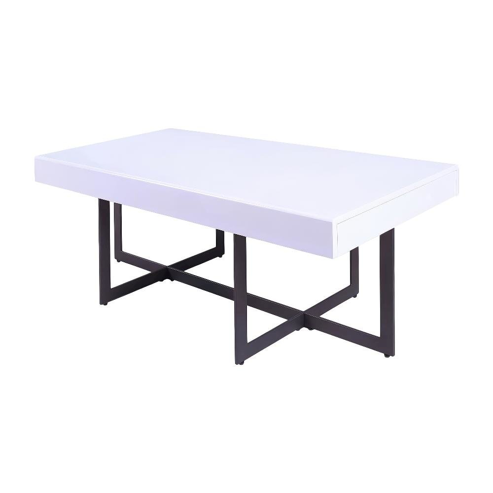 White Metal 2-Drawer Coffee Table with MDF Top and Steel Frame for Storage