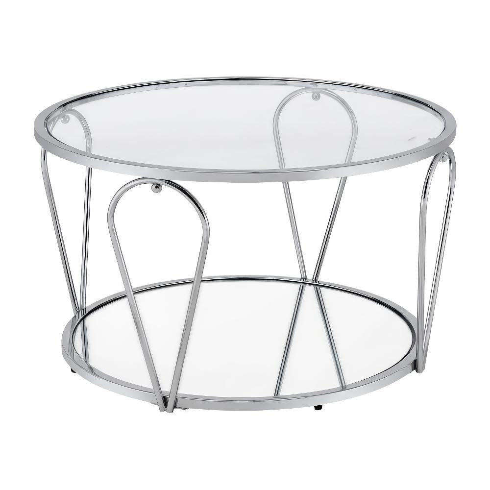 Silver Metal 1-Shelf Coffee Table with Tempered Glass and Mirror Surface