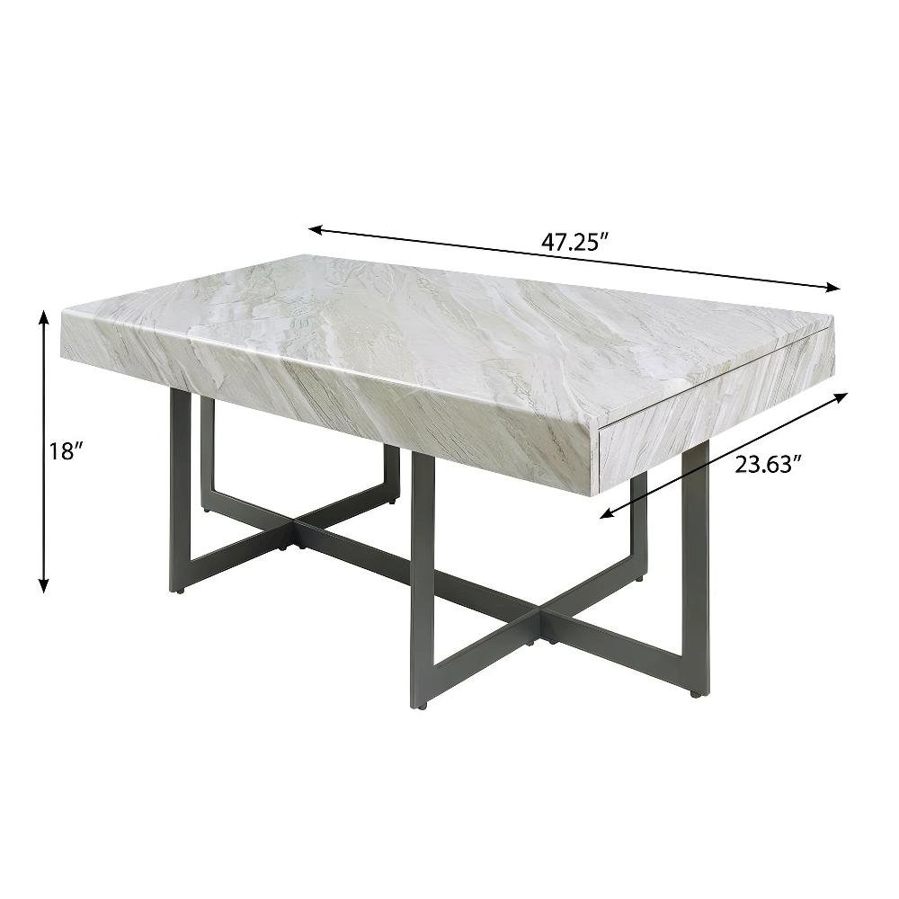 Gray Metal 2-Drawer Coffee Table with Faux Marble Top and MDF Storage