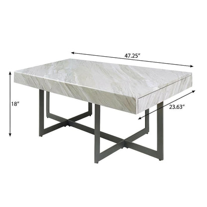 Gray Metal 2-Drawer Coffee Table with Faux Marble Top and MDF Storage