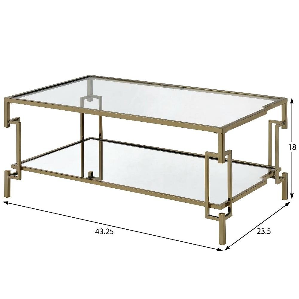 Gold Metal Coffee Table, Tempered Glass Shelf and Mirror Accents for Living Room