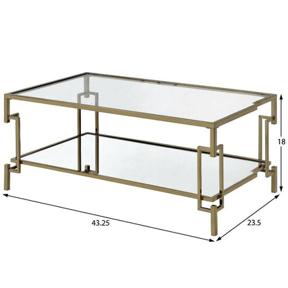 Gold Metal Coffee Table, Tempered Glass Shelf and Mirror Accents for Living Room