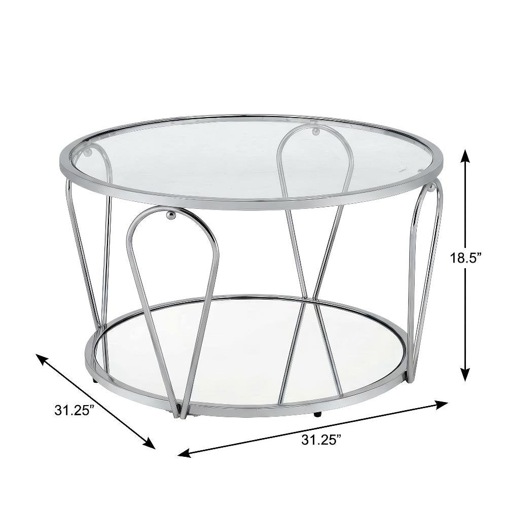 Silver Metal 1-Shelf Coffee Table with Tempered Glass and Mirror Surface