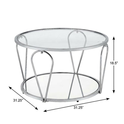 Silver Metal 1-Shelf Coffee Table with Tempered Glass and Mirror Surface