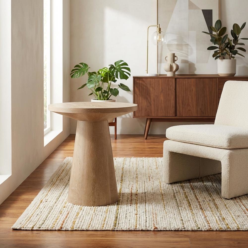 Round Solid Wood End Table with Pedestal Base for Living Room Decor
