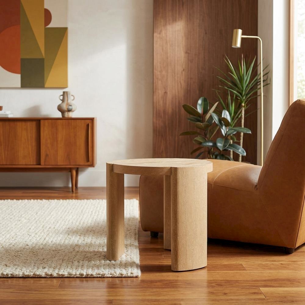 Oval wood end table with plinth base in oak finish, stylish and modern design