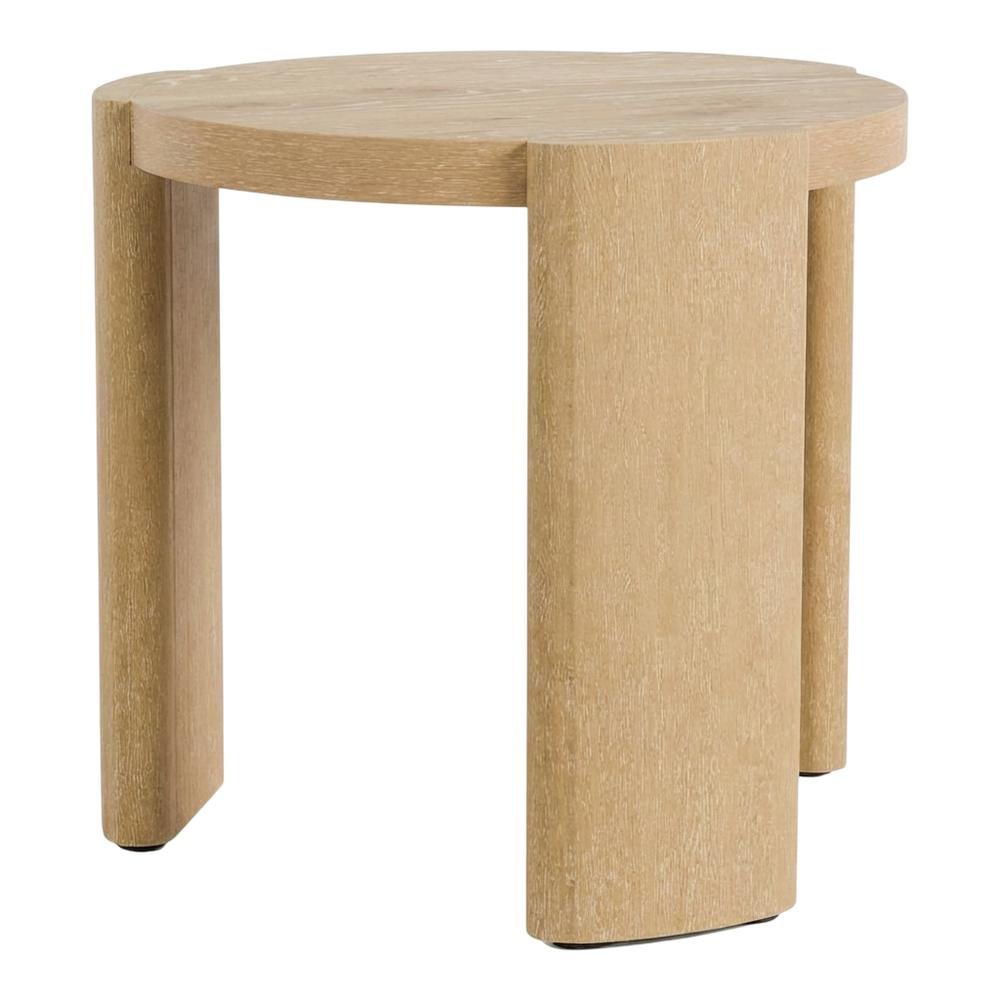 Oval wood end table with plinth base in oak finish, stylish and modern design