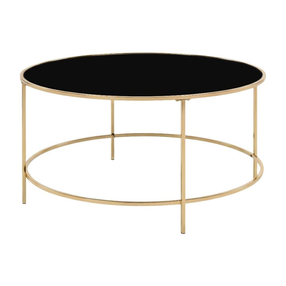 Gold Round Coffee Table with Steel Frame, Tempered Glass Top for Modern Living