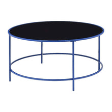 Blue Round Coffee Table with Tempered Glass Top and Steel Frame, Single Piece