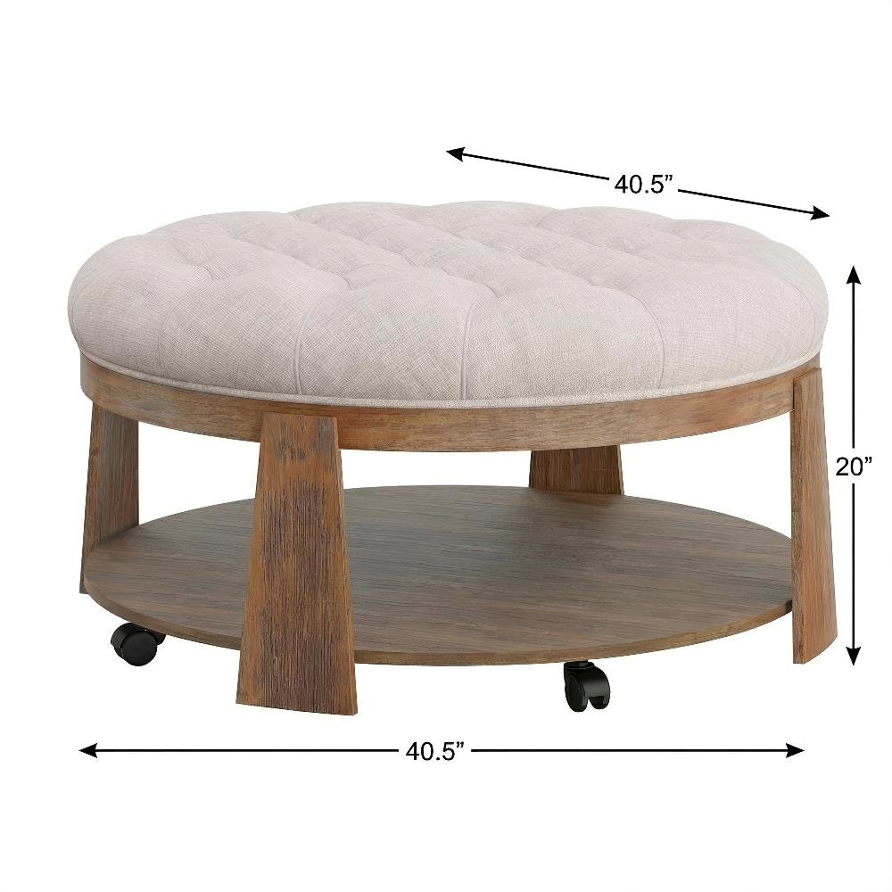 Beige Round Coffee Table with Solid Wood Frame and Linen-Like Surface