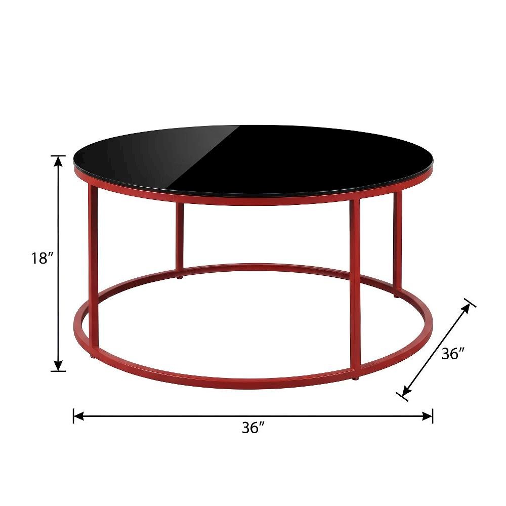 Red Round Coffee Table, Tempered Glass Top and Steel Frame, Single Piece Design