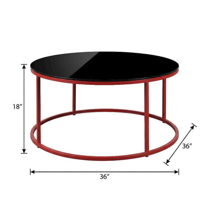 Red Round Coffee Table, Tempered Glass Top and Steel Frame, Single Piece Design