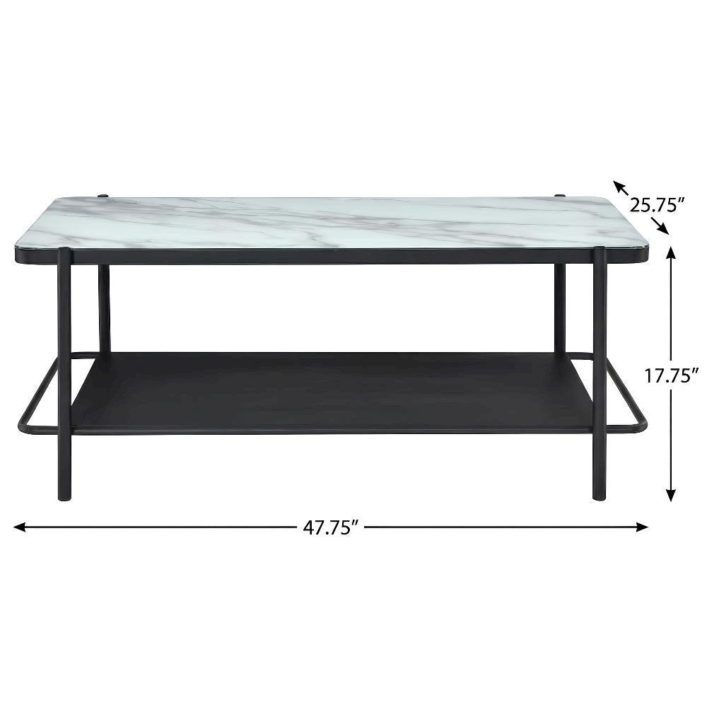 Black Steel Coffee Table with Tempered Marble Glass Shelf and Modern Design