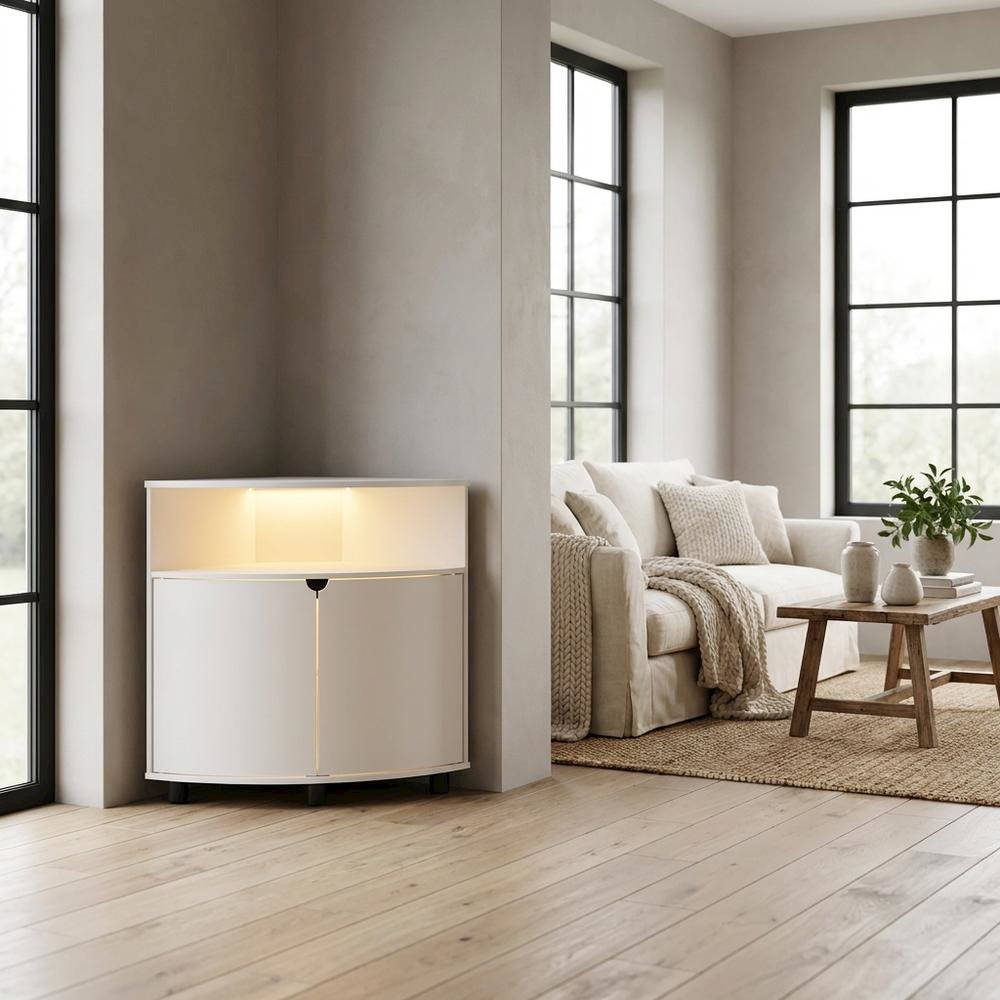 White Corner Storage Cabinet With Led Lighting For Versatile Organization