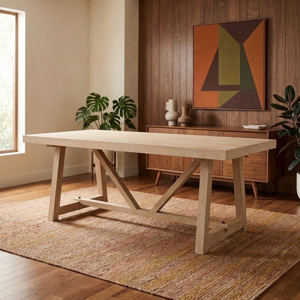 Natural Oak Solid Wood Dining Table, Contemporary, Seats 6