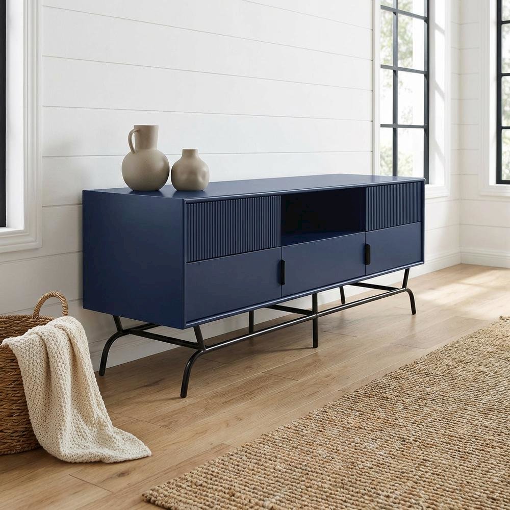 Blue TV Stand for 65-inch TVs with 3 Drawers in Engineered Wood